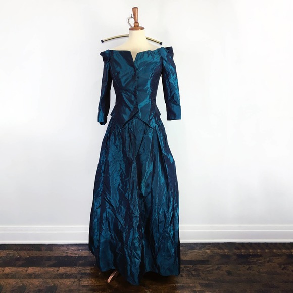 Vintage 70s 80s Peacock Green Teal Strapless Ball Gown with Jacket Size XXS/XS - Picture 2 of 14